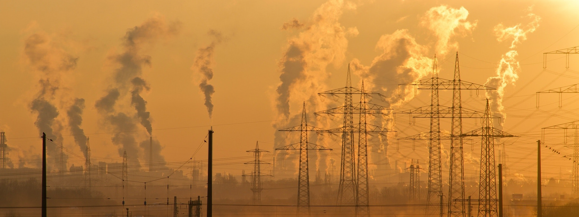 Photo showing rising gases behind electricity pylons